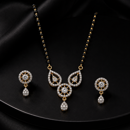 American Diamond Black Bead Mangalsutra Pendant Set with Earrings