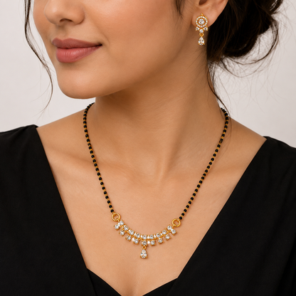 American Diamond Floral Mangalsutra Necklace Set with Earrings