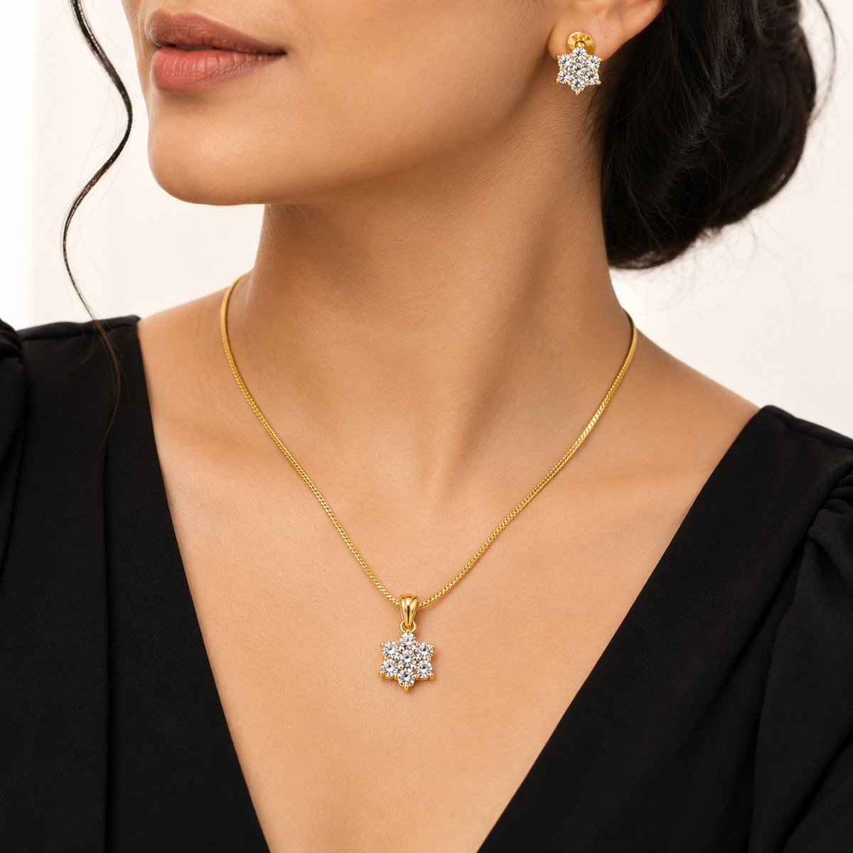 American Diamond Floral Cluster Pendant Set with Chain & Earrings