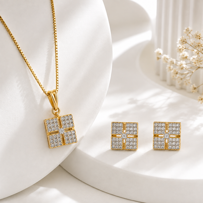 American Diamond Geometric Square Pendant Set with Chain & Earrings