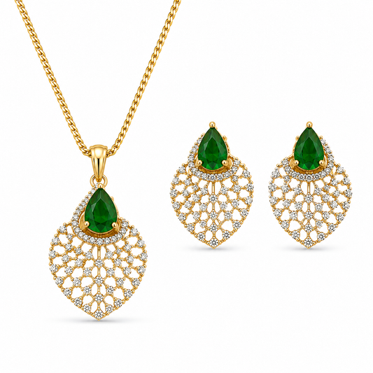 American Diamond Green Teardrop Mesh Pendant Set with Chain & Earrings