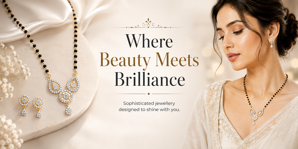 A promotional banner for gold and black beaded jewelry, featuring a woman on the right wearing a necklace and earrings, alongside close-up shots of the jewelry on a white satin surface on the left. The text reads 'Where Beauty Meets Brilliance'.