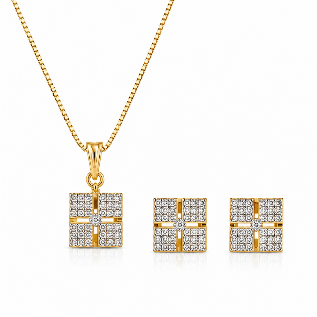 American Diamond Geometric Square Pendant Set with Chain & Earrings