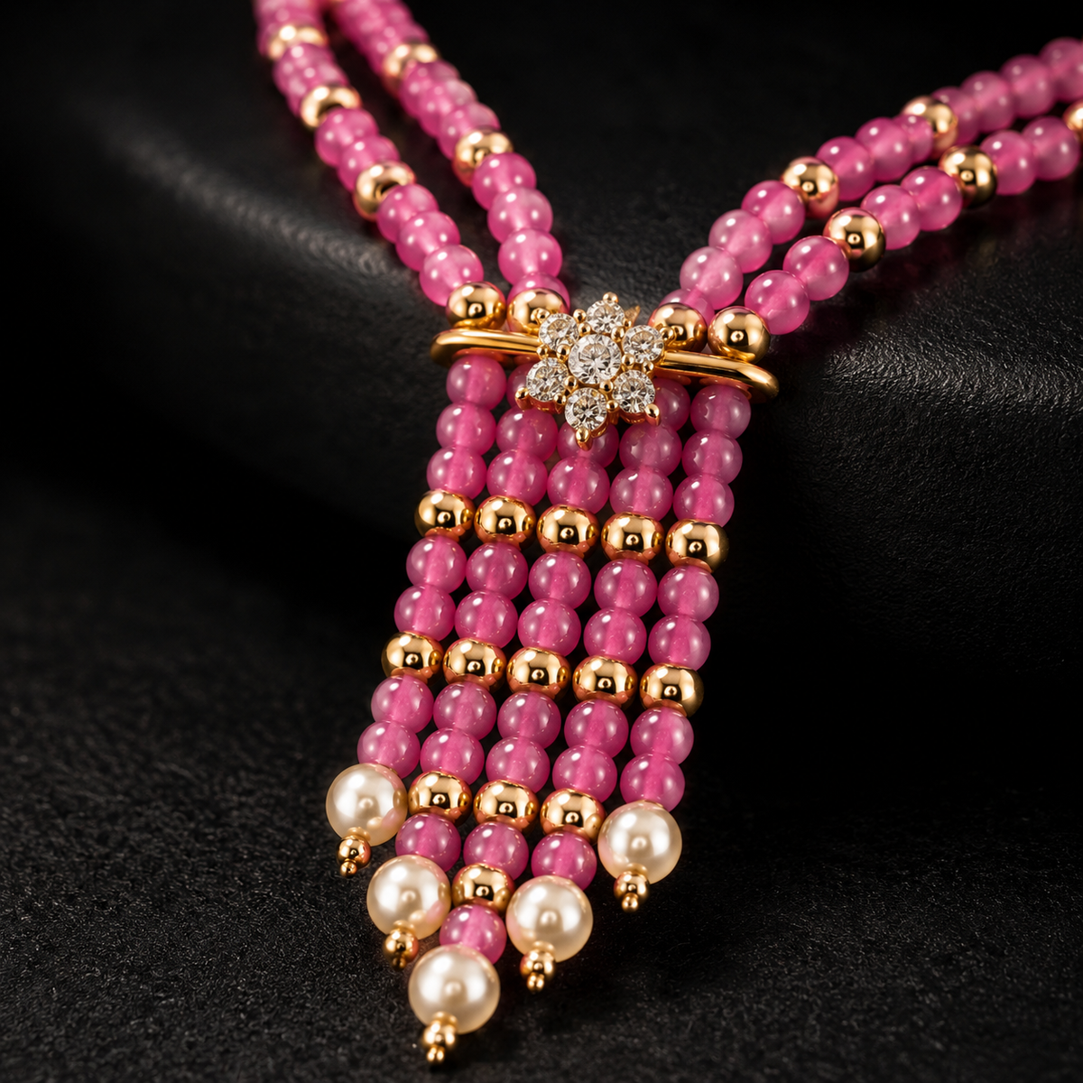 Pink Beaded American Diamond Necklace with Floral Pendant