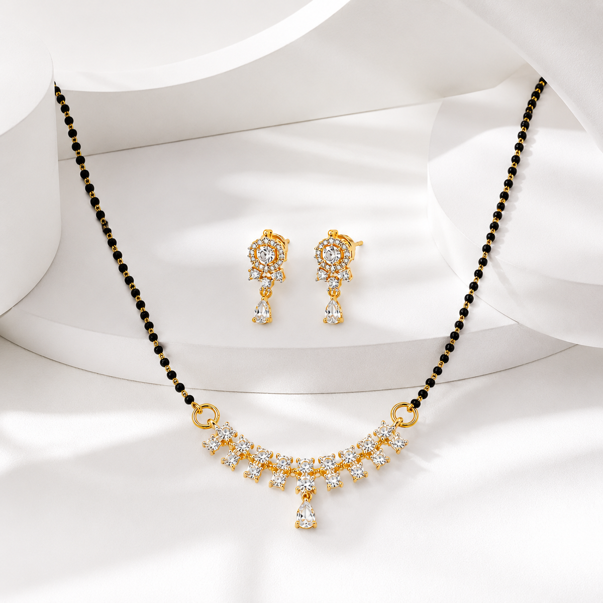 American Diamond Floral Mangalsutra Necklace Set with Earrings