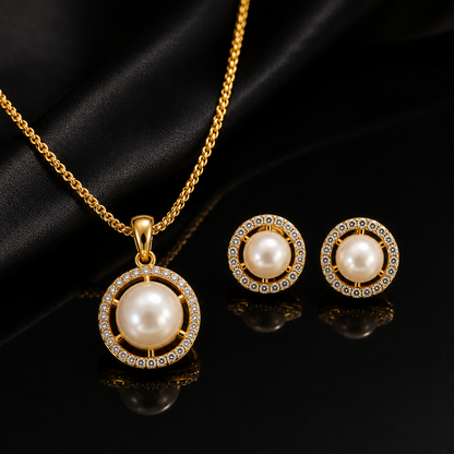 American Diamond Round Pearl Pendant Set with Chain & Earrings