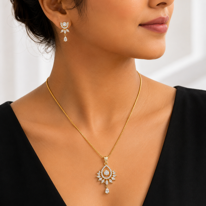 American Diamond Floral Teardrop Pendant Set with Chain & Earrings