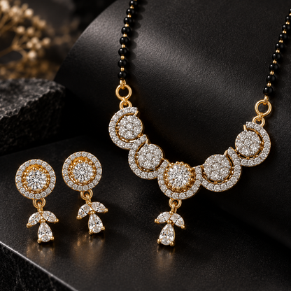 American Diamond Gold Finish Floral Mangalsutra Pendant Set with Earrings