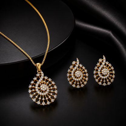 American Diamond Peacock Pendant Set with Chain & Earrings