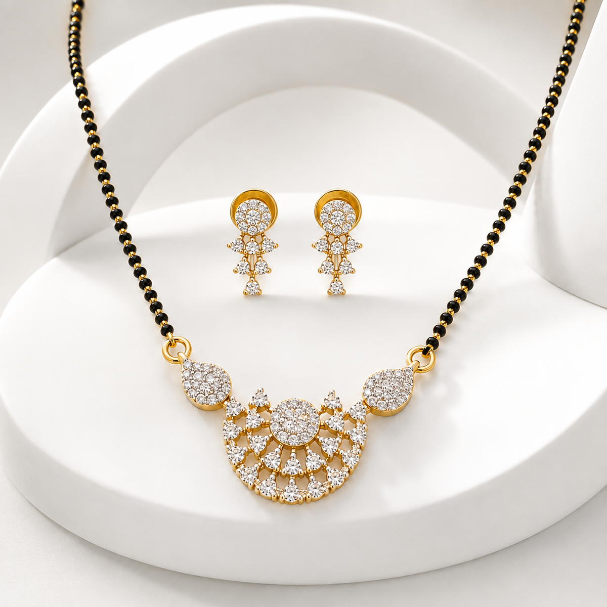 American Diamond Floral Mangalsutra Necklace Set with Earrings