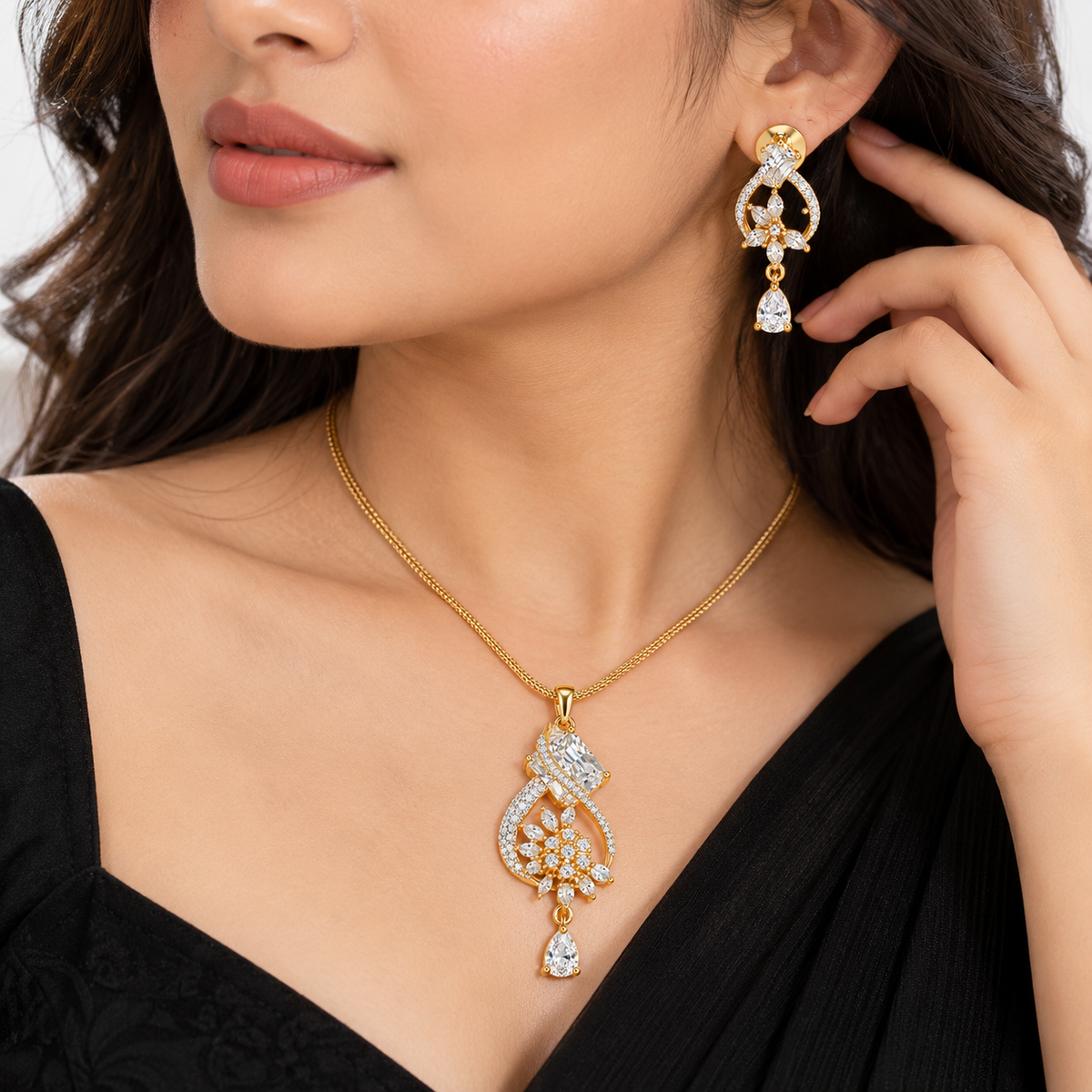 American Diamond Floral Drop Pendant Set with Chain & Earrings