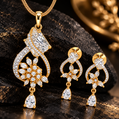 American Diamond Floral Drop Pendant Set with Chain & Earrings