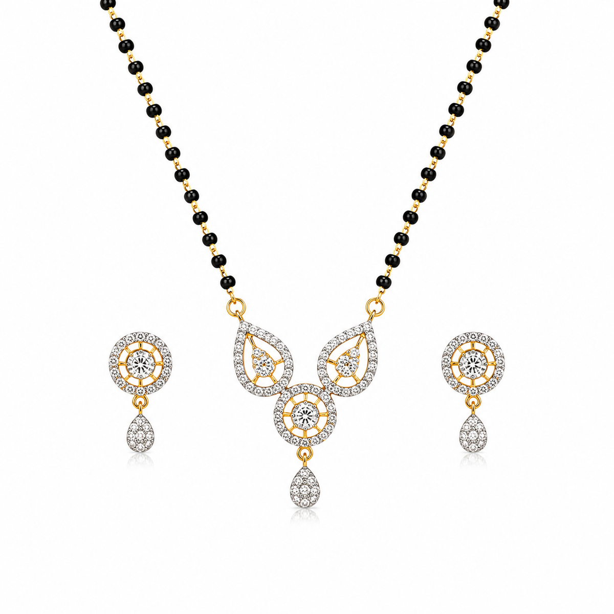 American Diamond Black Bead Mangalsutra Pendant Set with Earrings