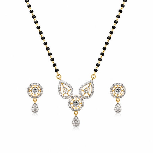 American Diamond Black Bead Mangalsutra Pendant Set with Earrings