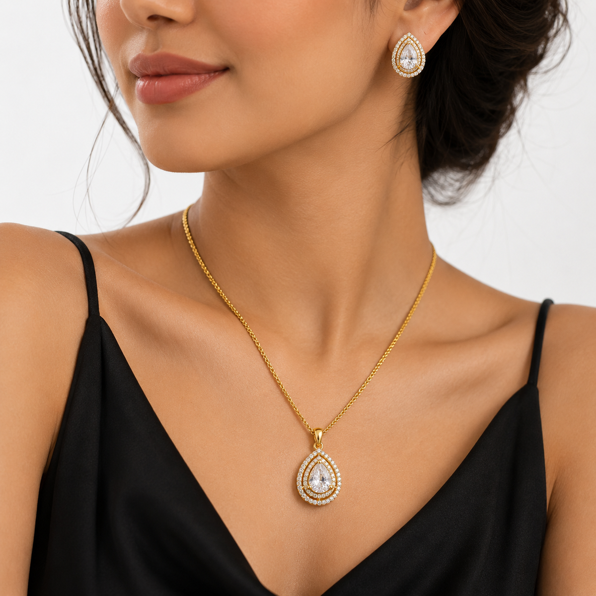 American Diamond Teardrop Pendant Set with Chain & Earrings