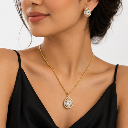 American Diamond Teardrop Pendant Set with Chain & Earrings