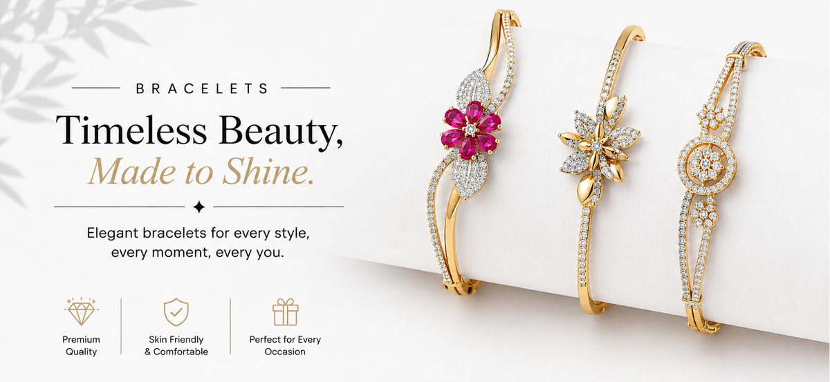 Three gold-toned bracelet models displayed on a white stand against a clean white background, with promotional text on the left reading 'Bracelets Timeless Beauty, Made to Shine.' The bracelets feature floral and geometric designs, with one adorned by a pink gemstone and two with clear stones.