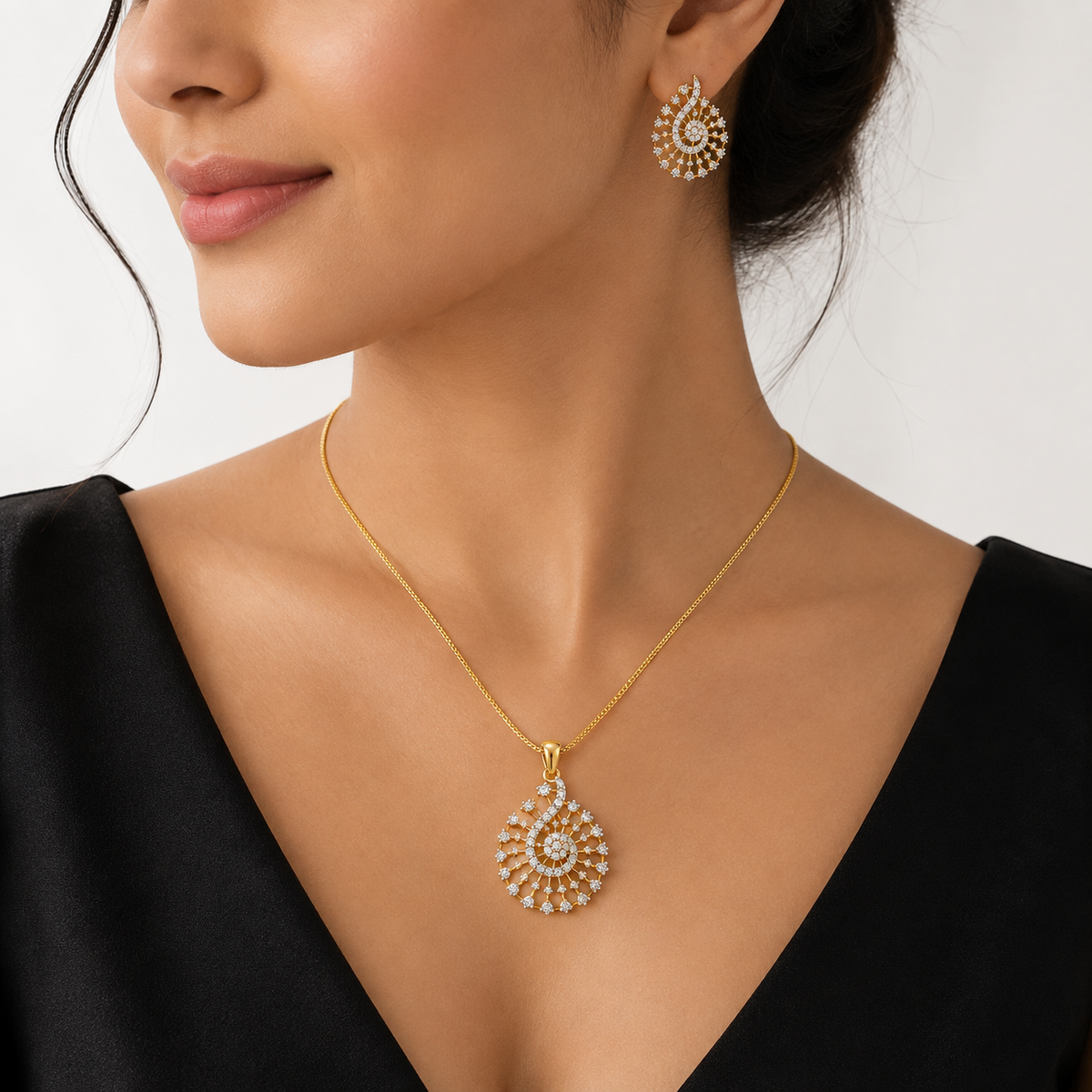 American Diamond Peacock Pendant Set with Chain & Earrings