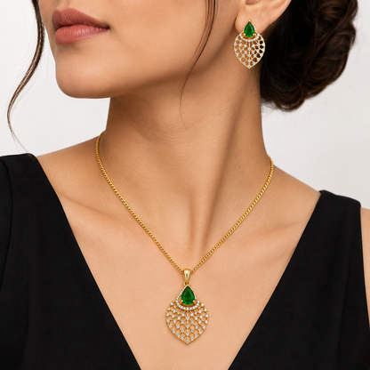 American Diamond Green Teardrop Mesh Pendant Set with Chain & Earrings
