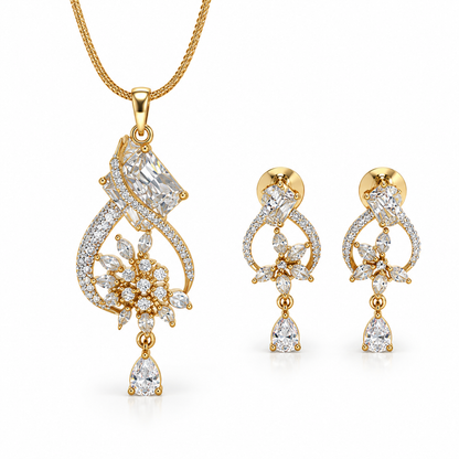 American Diamond Floral Drop Pendant Set with Chain & Earrings