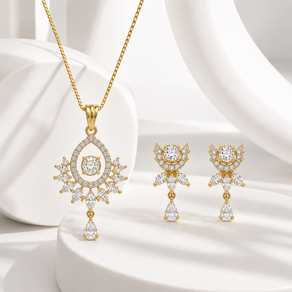 American Diamond Floral Teardrop Pendant Set with Chain & Earrings