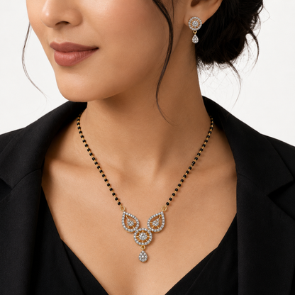 American Diamond Black Bead Mangalsutra Pendant Set with Earrings