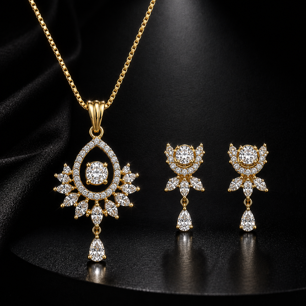 American Diamond Floral Teardrop Pendant Set with Chain & Earrings
