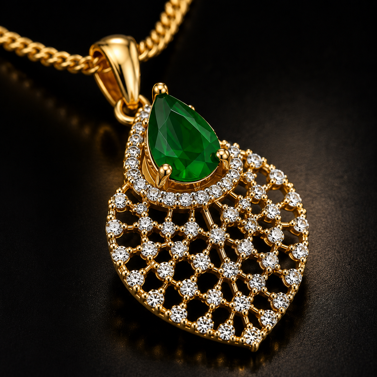 American Diamond Green Teardrop Mesh Pendant Set with Chain & Earrings