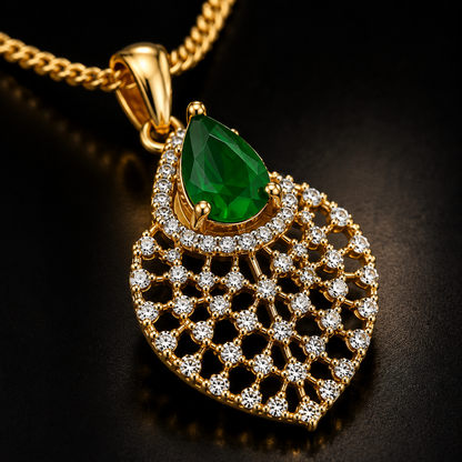 American Diamond Green Teardrop Mesh Pendant Set with Chain & Earrings