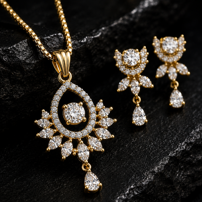 American Diamond Floral Teardrop Pendant Set with Chain & Earrings